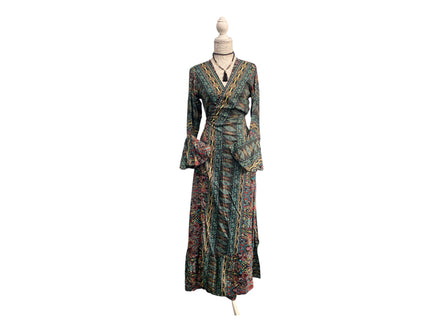 Long SILK wrap dress BLUE Boho hippy maxi summer beach festival party UK 8 -14