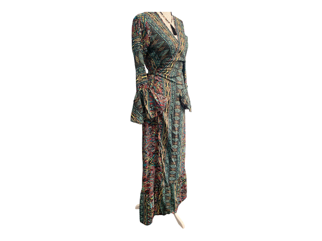 Long SILK wrap dress BLUE Boho hippy maxi summer beach festival party UK 8 -14