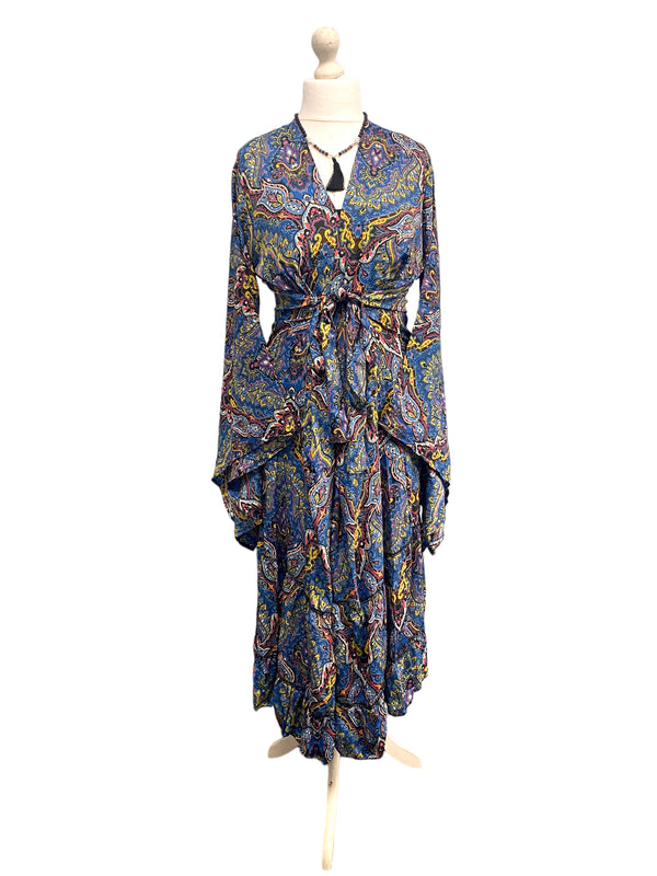 Boho hippie 100% silk kimono cover up wrap long gown robe dress duster coat blue