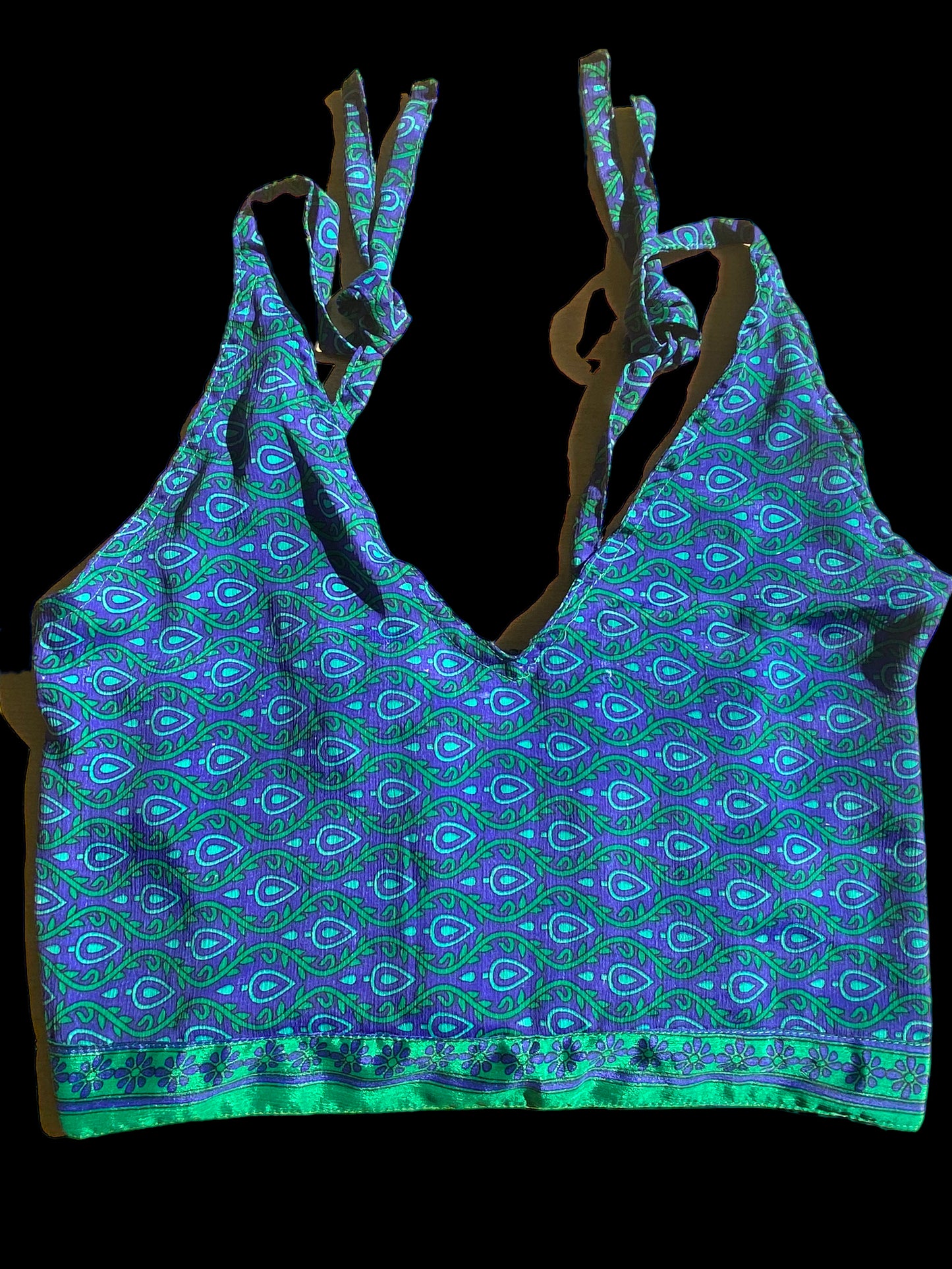 Pretty BLUE SILK Crop Top sexy Boho Hippy Festival summer sun vest UK 8 10 12