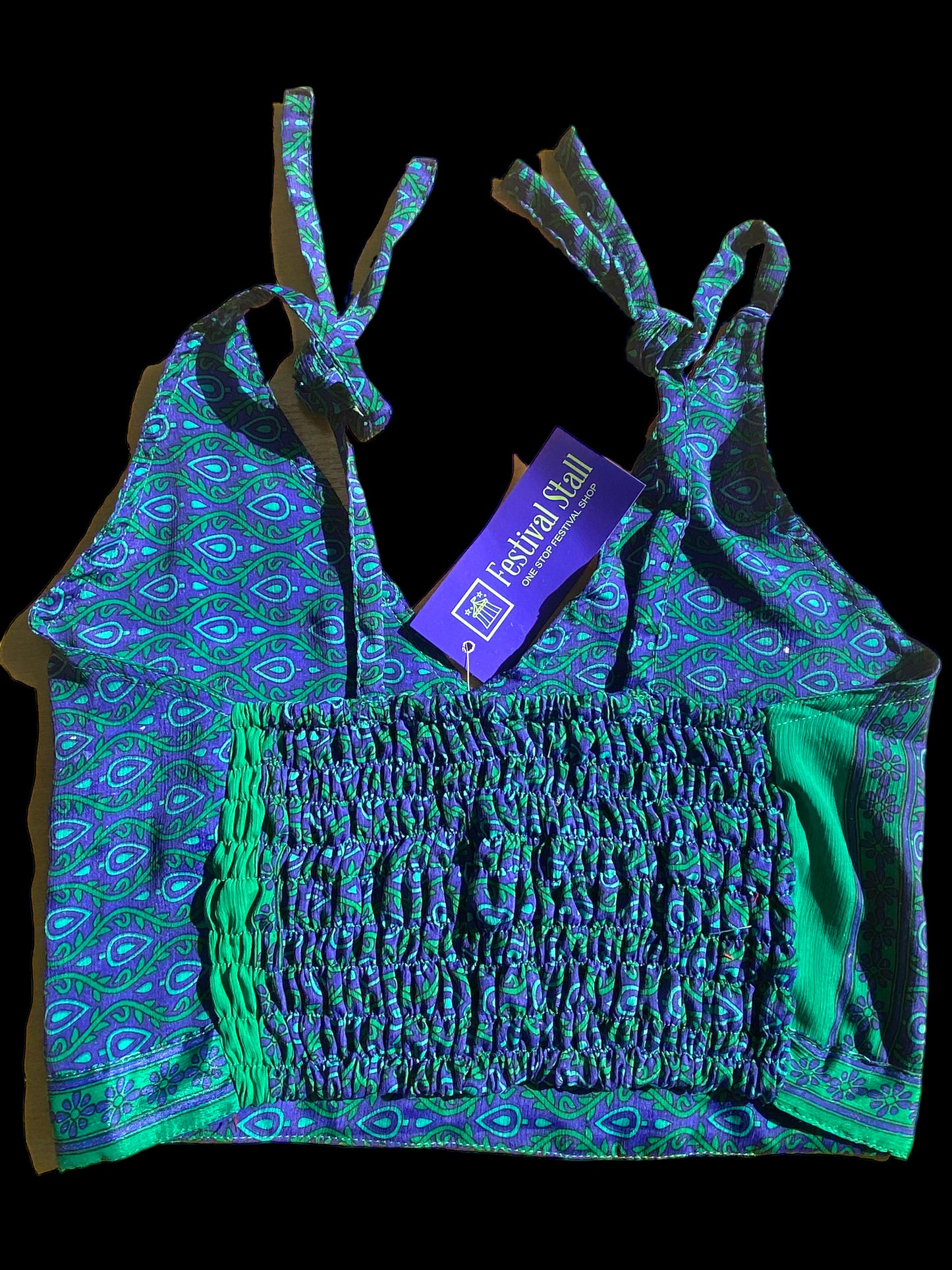 Pretty BLUE SILK Crop Top sexy Boho Hippy Festival summer sun vest UK 8 10 12