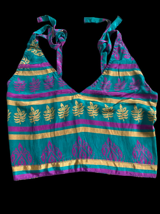 Pretty Green SILK Crop Top sexy Boho Hippy Festival summer sun vest UK 8 10 12