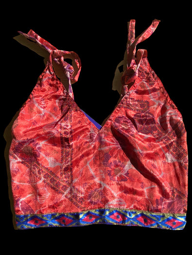 Pretty RED SILK Crop Top sexy Boho Hippy Festival summer sun vest UK 8 10 12