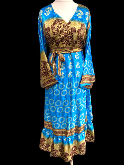 BLUE WRAP DRESS Vintage retro Bell Sleeve SARI SILK Boho Hippy Festival UK 14-20