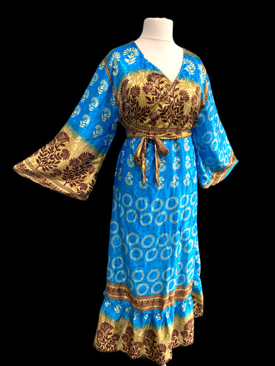 BLUE WRAP DRESS Vintage retro Bell Sleeve SARI SILK Boho Hippy Festival UK 14-20