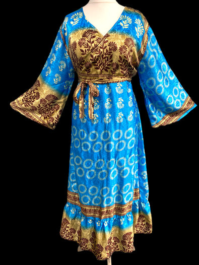 BLUE WRAP DRESS Vintage retro Bell Sleeve SARI SILK Boho Hippy Festival UK 14-20