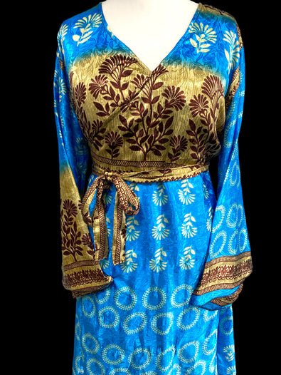 BLUE WRAP DRESS Vintage retro Bell Sleeve SARI SILK Boho Hippy Festival UK 14-20