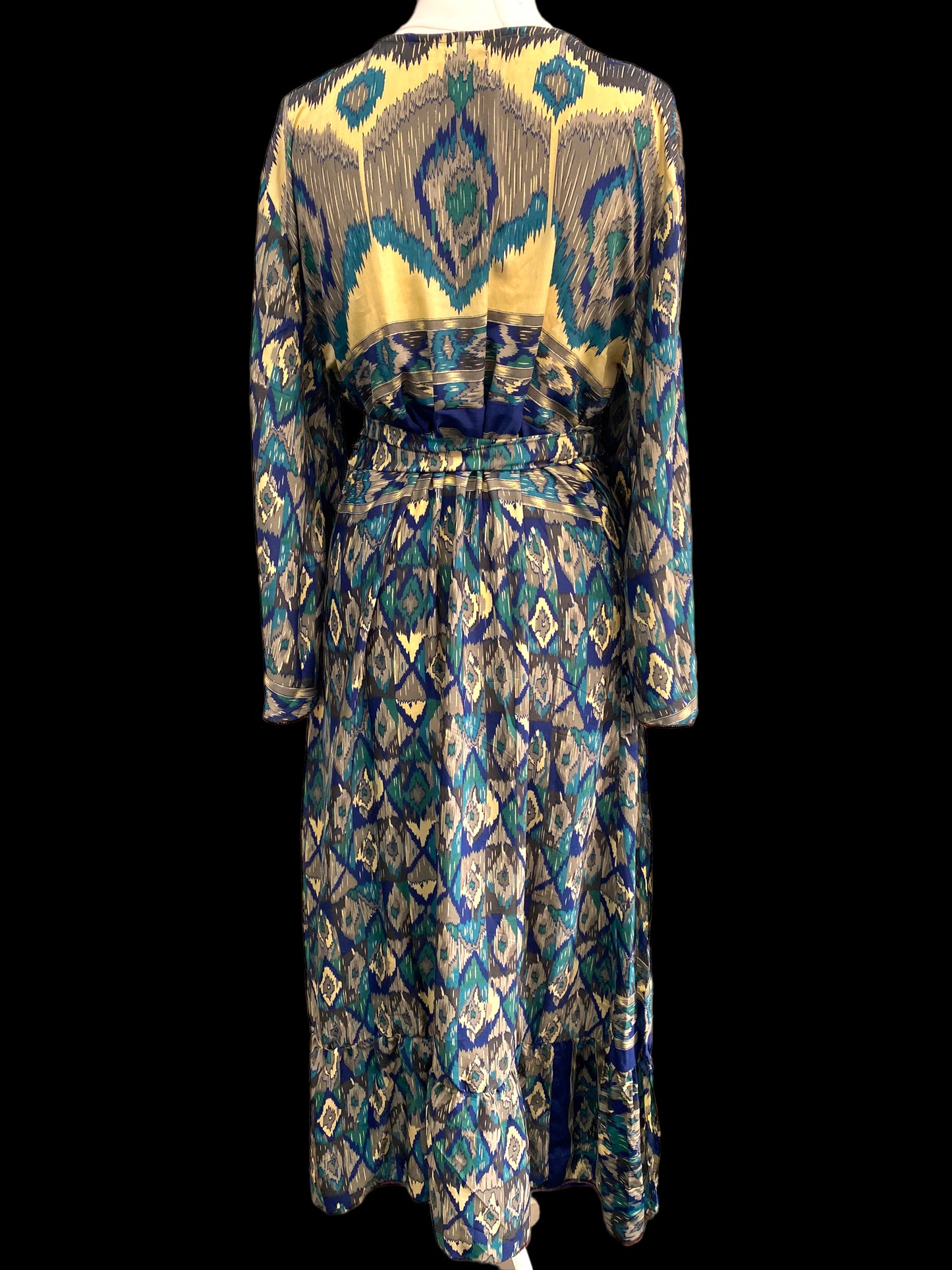 BLUE WRAP DRESS Vintage retro Bell Sleeve SARI SILK Boho Hippy Festival UK 14-20