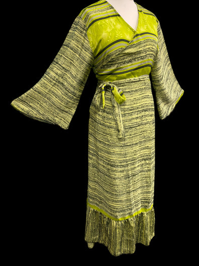 Green WRAP DRESS Vintage retro Bell Sleeve SARI SILK Boho Hippy Festival UK 14-20