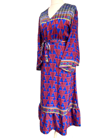 RED WRAP DRESS Vintage retro Bell Sleeve SARI SILK Boho Hippy Festival UK 14-20