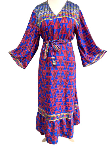 RED WRAP DRESS Vintage retro Bell Sleeve SARI SILK Boho Hippy Festival UK 14-20