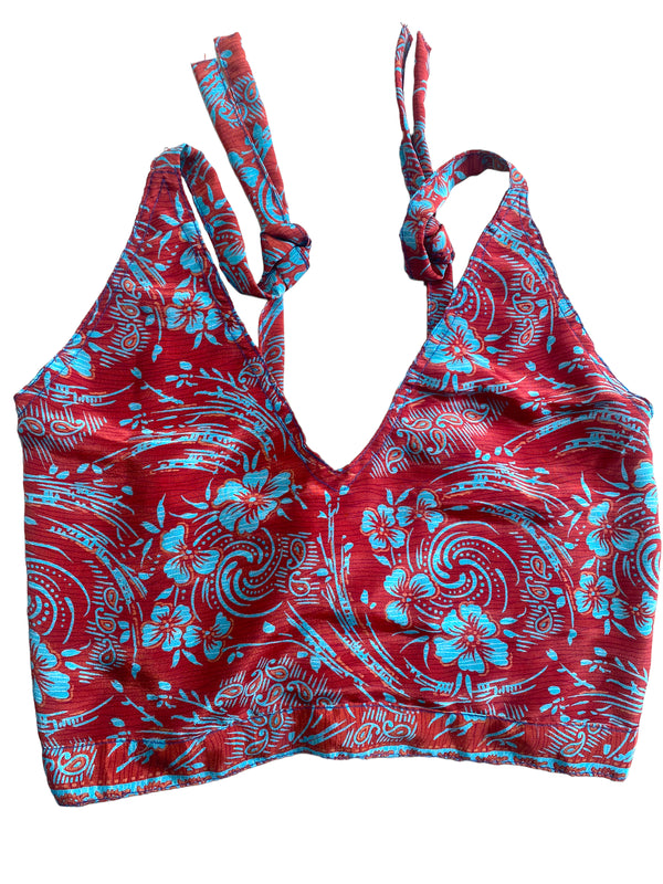 Pretty RED SILK Crop Top sexy Boho Hippy Festival summer sun vest UK 8 10 12