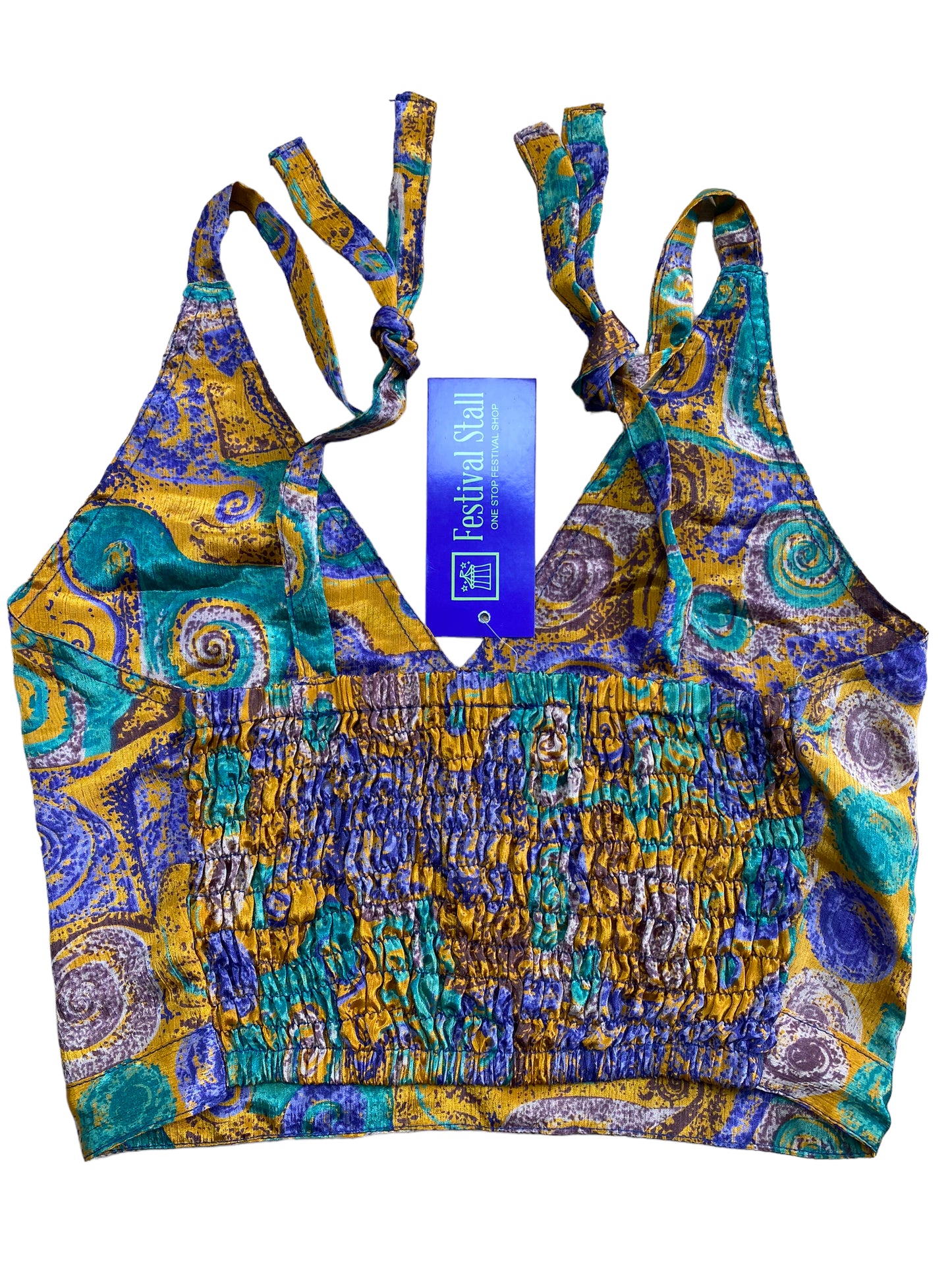 Pretty BLUE SILK Crop Top sexy Boho Hippy Festival summer sun vest UK 8 10 12