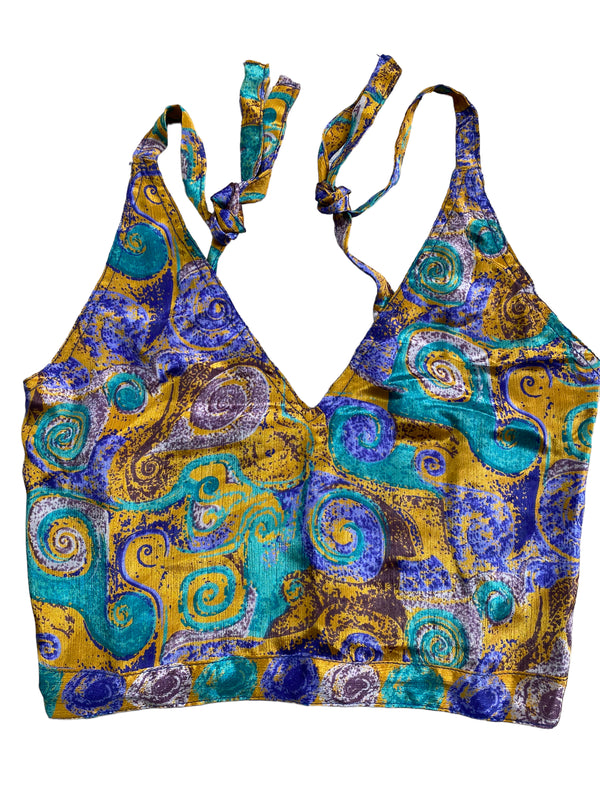 Pretty BLUE SILK Crop Top sexy Boho Hippy Festival summer sun vest UK 8 10 12