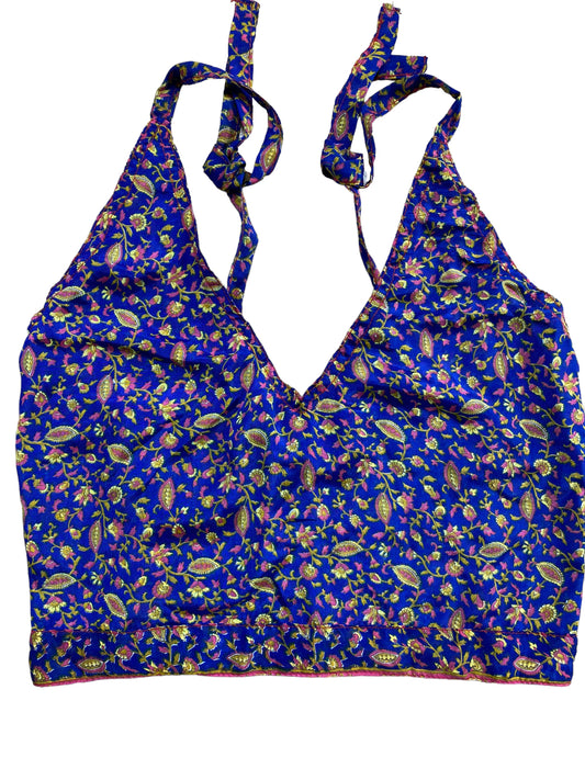 Pretty BLUE SILK Crop Top sexy Boho Hippy Festival summer sun vest UK 8 10 12