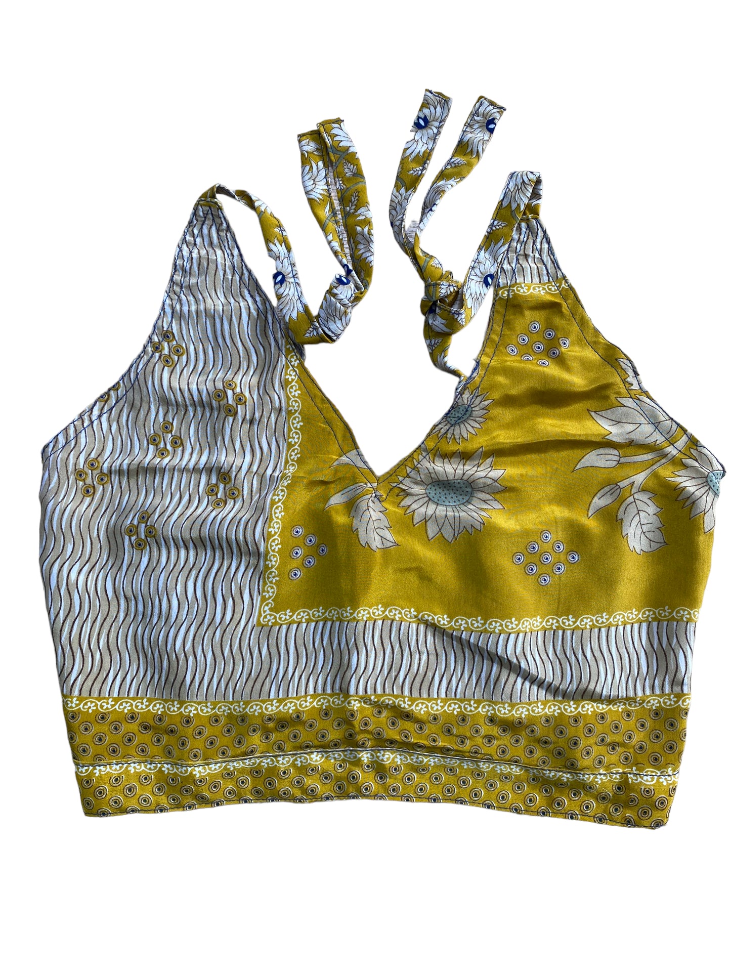 Pretty YELLOW SILK Crop Top sexy Boho Hippy Festival summer sun vest UK 8 10 12