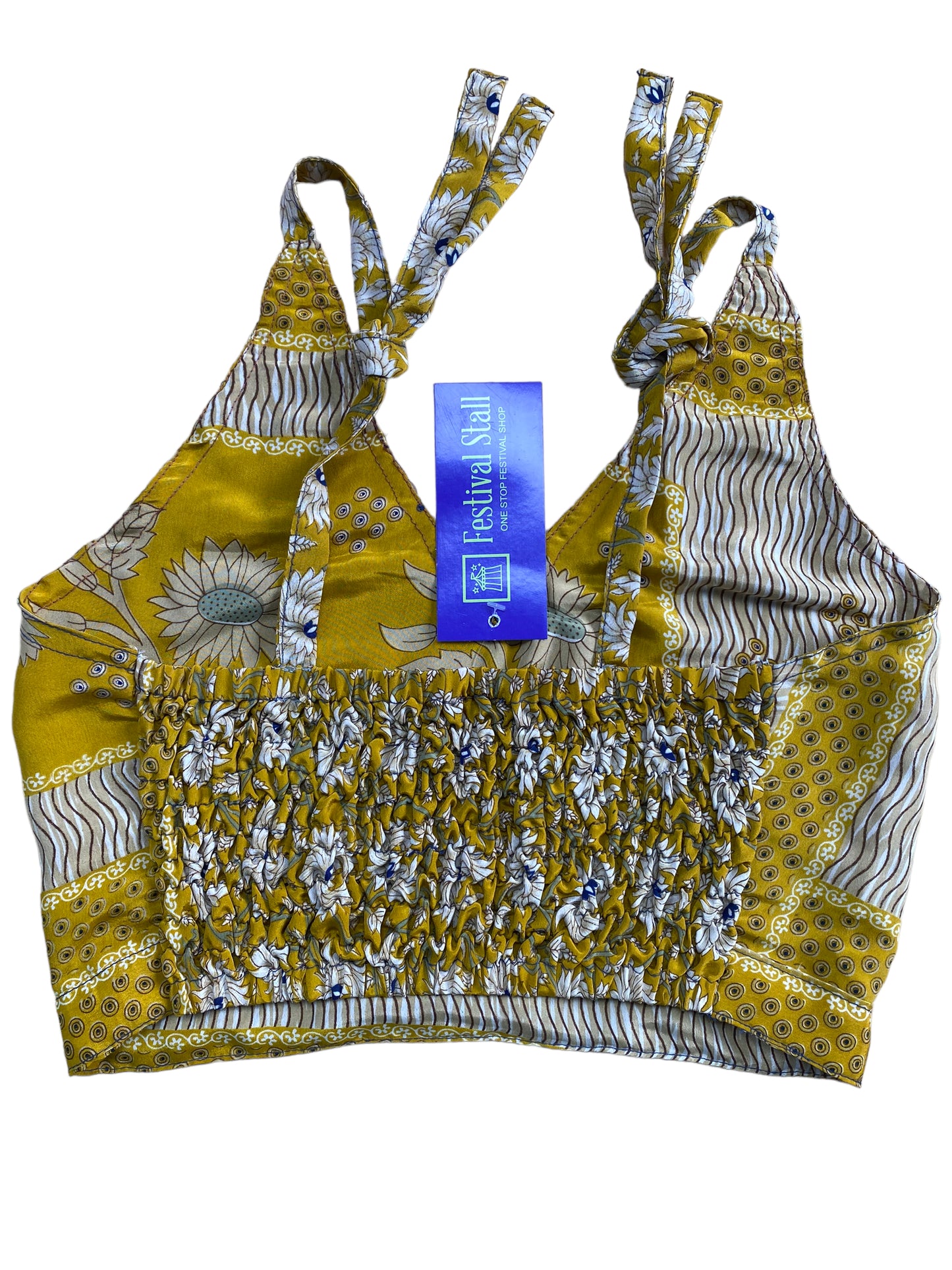 Pretty YELLOW SILK Crop Top sexy Boho Hippy Festival summer sun vest UK 8 10 12