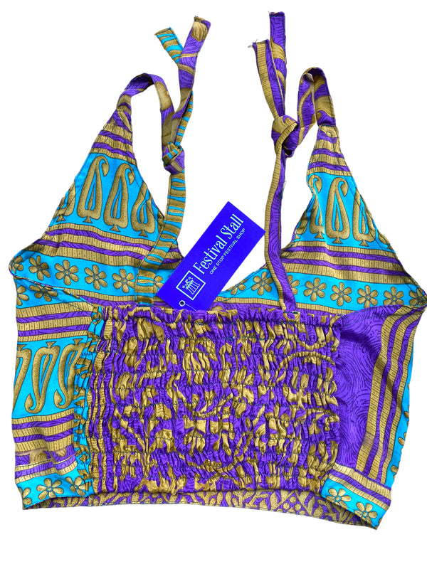 Pretty Blue SILK Crop Top sexy Boho Hippy Festival summer sun vest UK 8 10 12