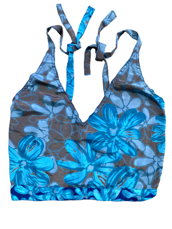 Pretty BLUE SILK Crop Top sexy Boho Hippy Festival summer sun vest UK 8 10 12