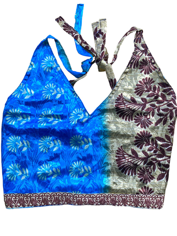 Pretty BLUE SILK Crop Top sexy Boho Hippy Festival summer sun vest UK 8 10 12