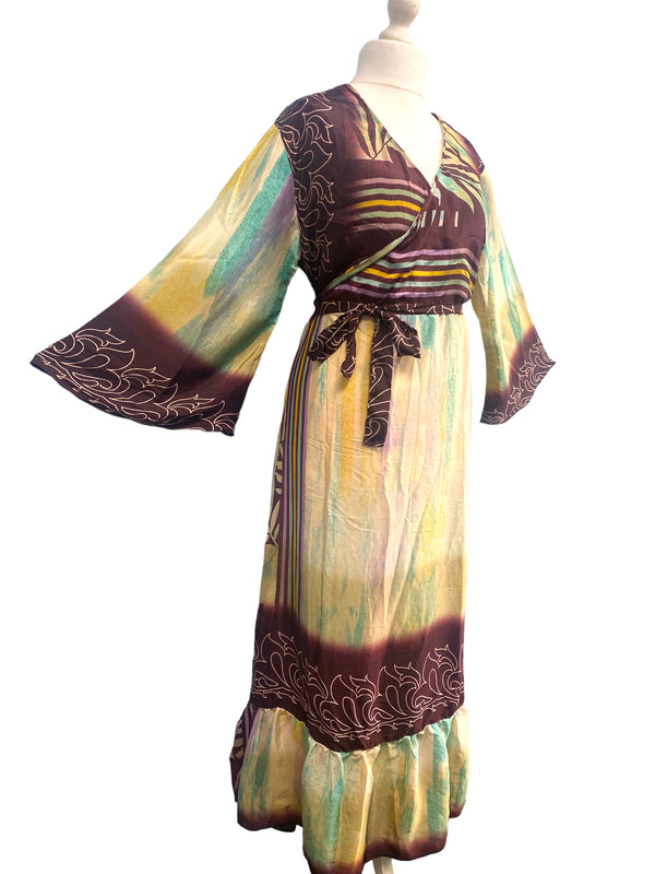 WRAP DRESS summer pretty Vintage Bell Sleeve SILK Boho Hippy Festival UK 14-20