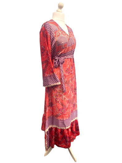 WRAP DRESS RED Vintage retro Bell Sleeve SARI SILK Boho Hippy Festival UK 14-20