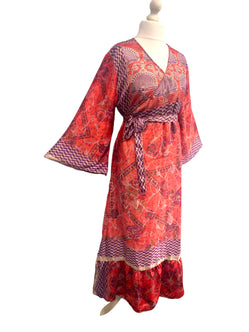 WRAP DRESS RED Vintage retro Bell Sleeve SARI SILK Boho Hippy Festival UK 14-20