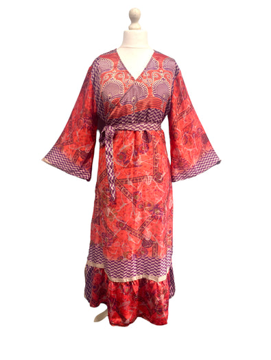 WRAP DRESS RED Vintage retro Bell Sleeve SARI SILK Boho Hippy Festival UK 14-20