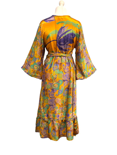 WRAP DRESS summer pretty Vintage Bell Sleeve SILK Boho Hippy Festival UK 14-20