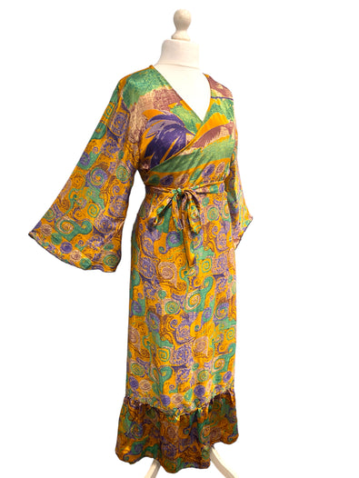 WRAP DRESS summer pretty Vintage Bell Sleeve SILK Boho Hippy Festival UK 14-20