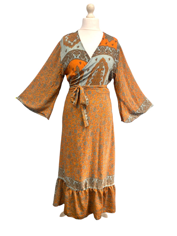 WRAP DRESS summer pretty Vintage Bell Sleeve SILK Boho Hippy Festival UK 14-20