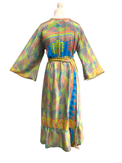 WRAP DRESS summer pretty Vintage Bell Sleeve SILK Boho Hippy Festival UK 14-20