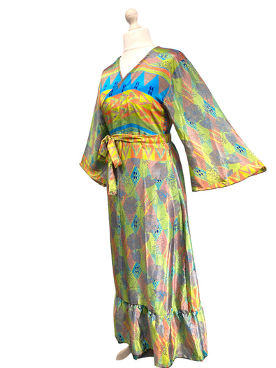 WRAP DRESS summer pretty Vintage Bell Sleeve SILK Boho Hippy Festival UK 14-20