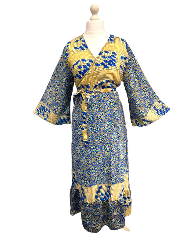 WRAP DRESS summer pretty Vintage Bell Sleeve SILK Boho Hippy Festival UK 14-20