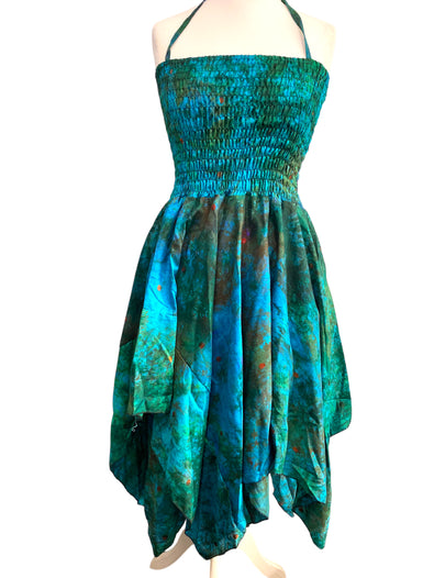 Festival Dress Sexy Boho Pixie SILK hanky hem BLUE & GREEN Hippy gypsy UK 8-14