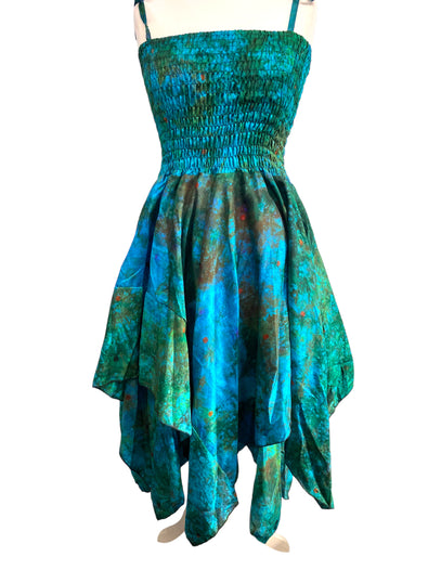 Festival Dress Sexy Boho Pixie SILK hanky hem BLUE & GREEN Hippy gypsy UK 8-14