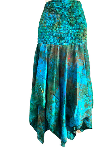 Festival Dress Sexy Boho Pixie SILK hanky hem BLUE & GREEN Hippy gypsy UK 8-14