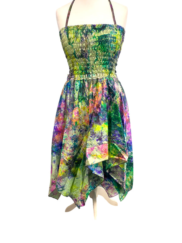 Festival summer Dress Sexy Boho Pixie SILK hanky hem GREEN Hippy gypsy sun UK 8-14