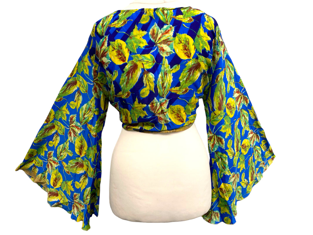 Bell Sleeve Crop Top blouse Boho Hippy Festival retro Sari Silk summer UK 8-16