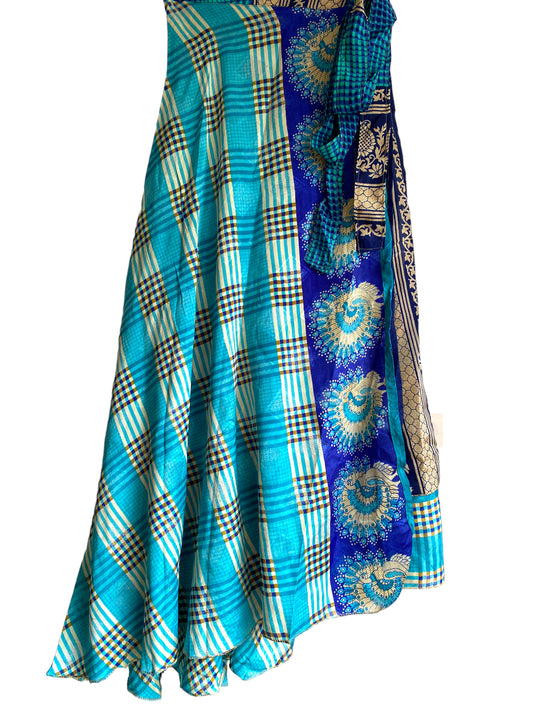 Wrap Skirt Vintage long Maxi Boho Hippy Sari Silk BLUE Festival summer UK 8-18