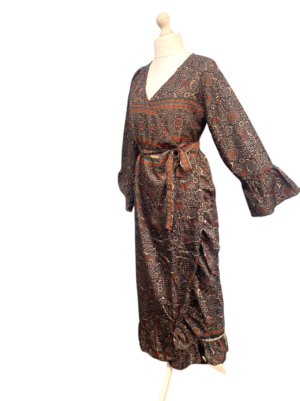 WRAP DRESS summer Vintage Flounced Sleeve Sari SILK Boho Hippy Festival UK 14-20