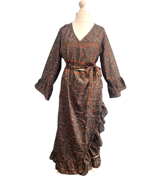 WRAP DRESS summer Vintage Flounced Sleeve Sari SILK Boho Hippy Festival UK 14-20