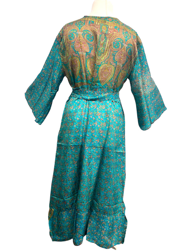 WRAP DRESS summer pretty Vintage Bell Sleeve SILK Boho Hippy Festival UK 14-20