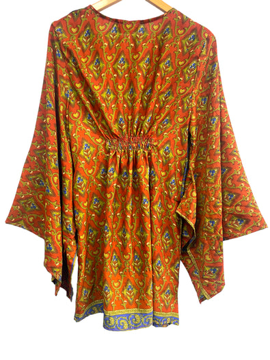 Kaftan tunic top blouse beach cover up short dress UK 12-18 recycled Sari Silk