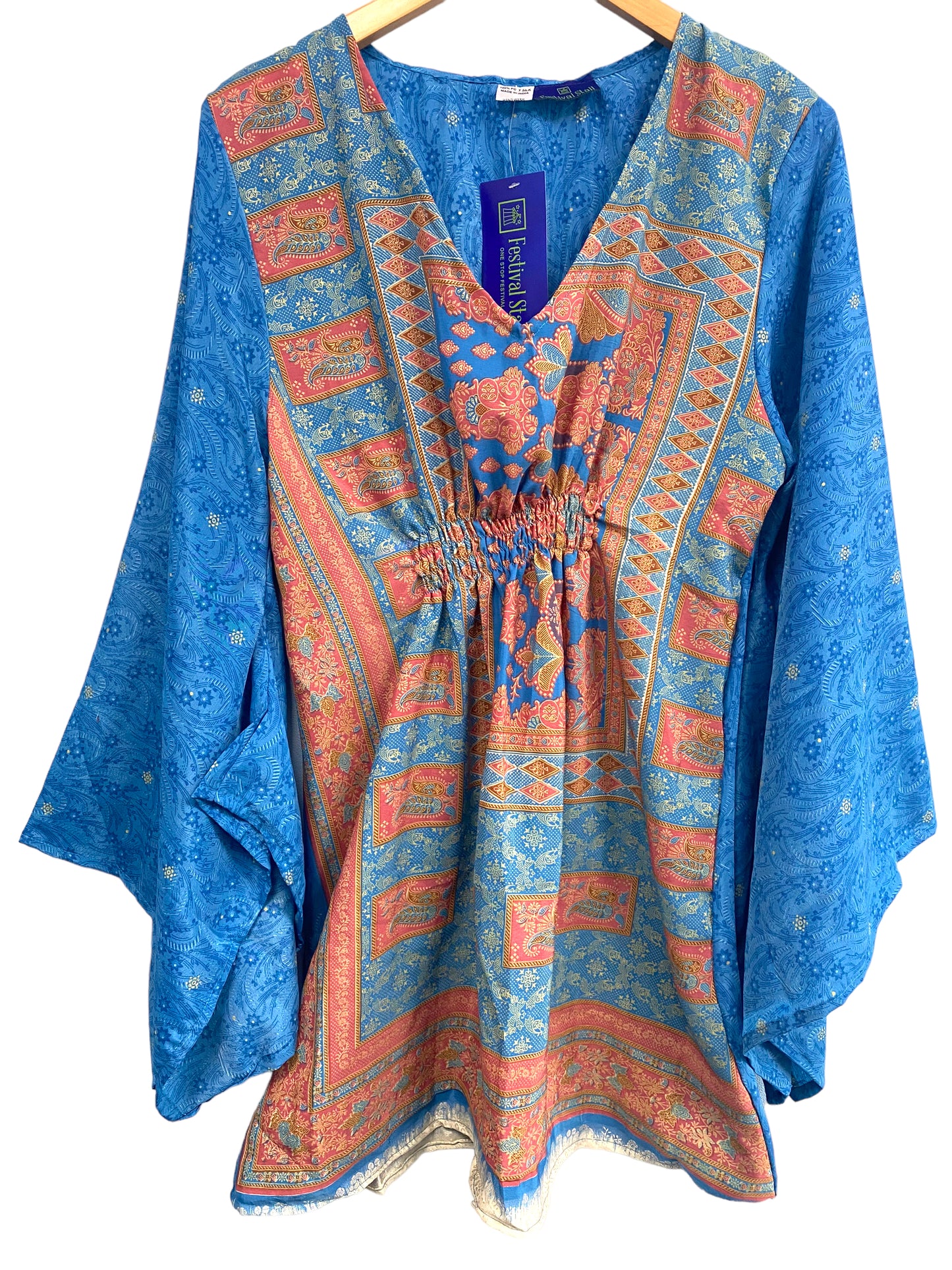 Kaftan tunic top blouse beach cover up short dress UK 12-18 recycled Sari Silk