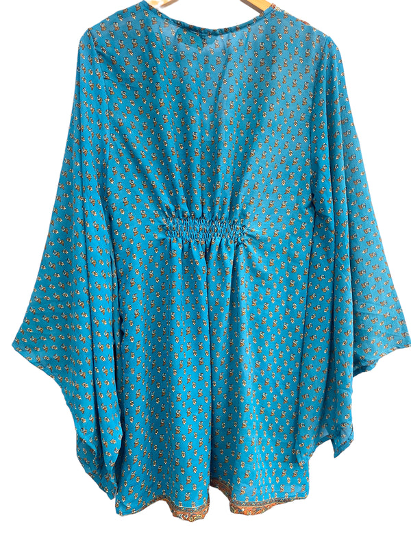 Kaftan tunic top blouse beach cover up short dress UK 12-18 recycled Sari Silk