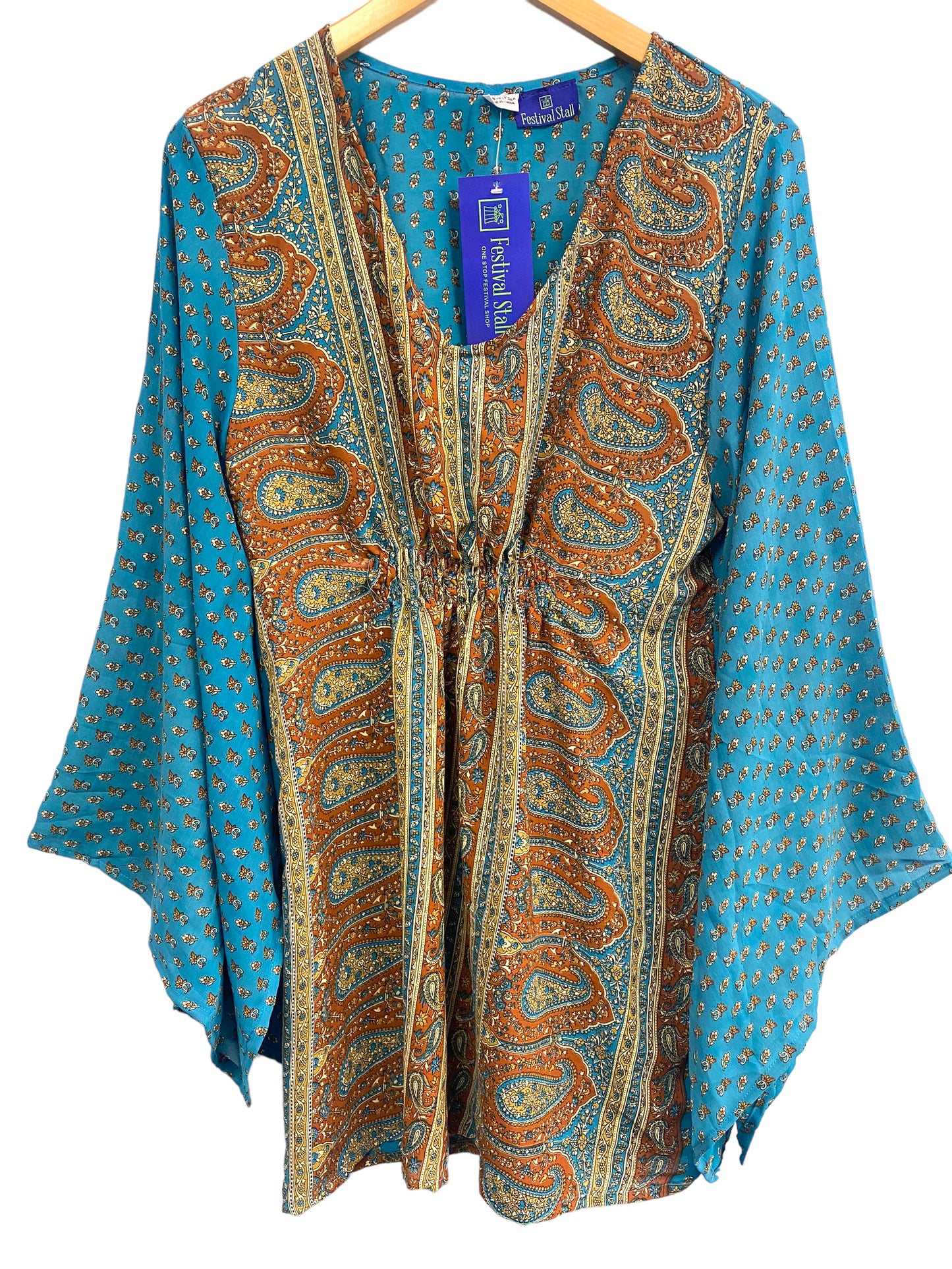 Kaftan tunic top blouse beach cover up short dress UK 12-18 recycled Sari Silk