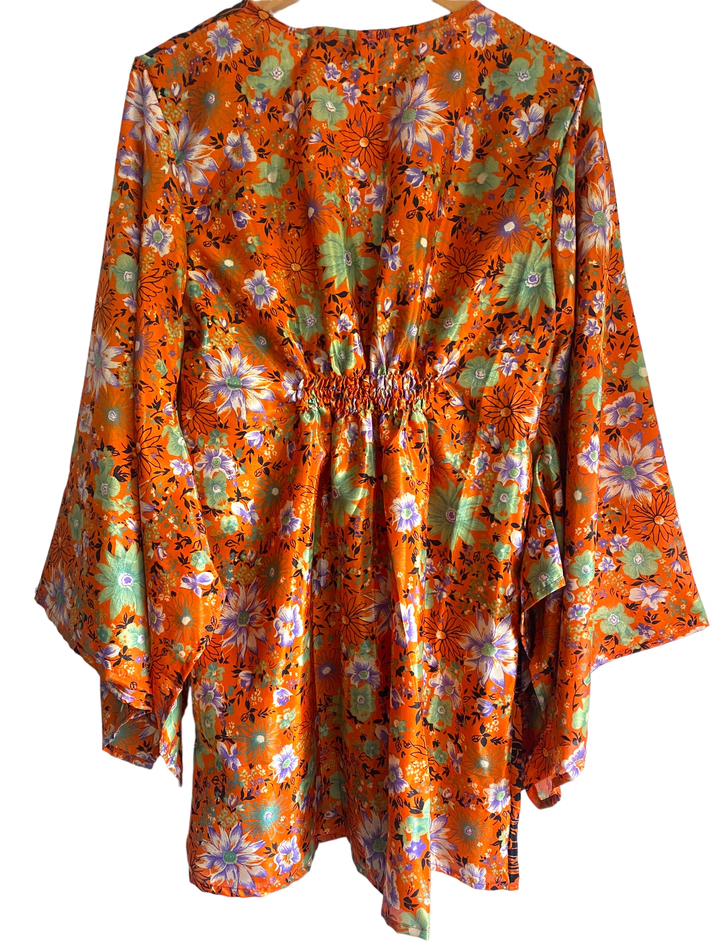 Kaftan tunic top blouse beach cover up short dress UK 12-18 recycled Sari Silk