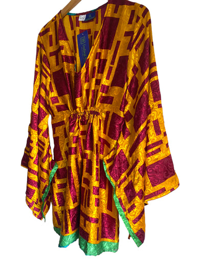 Kaftan tunic top blouse beach cover up short dress UK 12-18 recycled Sari Silk