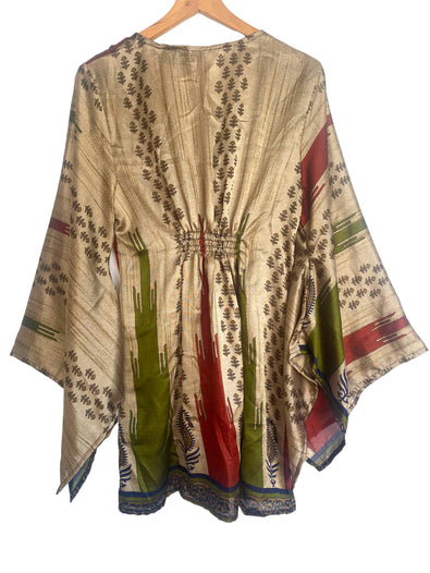 Kaftan tunic top blouse beach cover up short dress UK 12-18 recycled Sari Silk